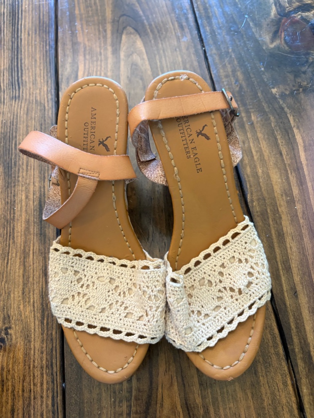 American Eagle Outfitters Tan and Cream Crochet Strap Sandals
